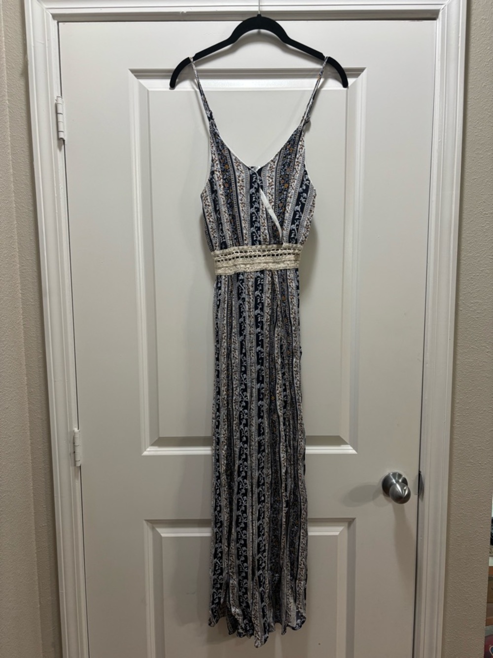Navy and Cream Striped Maxi jumpsuit with Crochet Waist